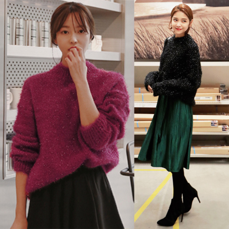2017秋冬季新款韓版女裝亮絲半高領套頭寬松毛衣女打底針織衫外套