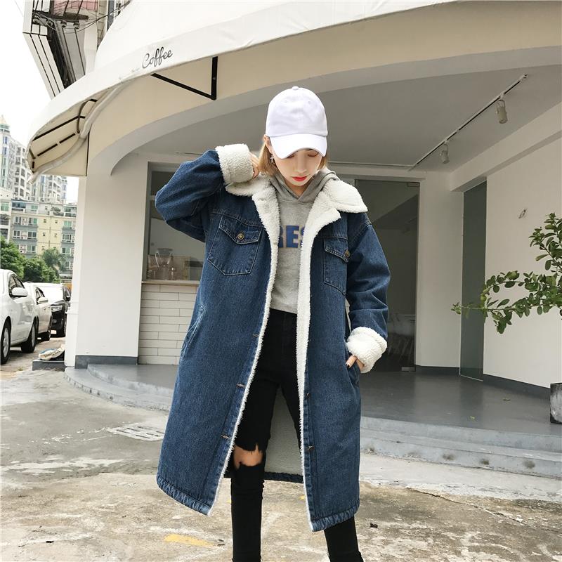 冬季牛仔外套女加絨加厚棉衣2017新款韓版學生中長款羊羔毛棉襖冬