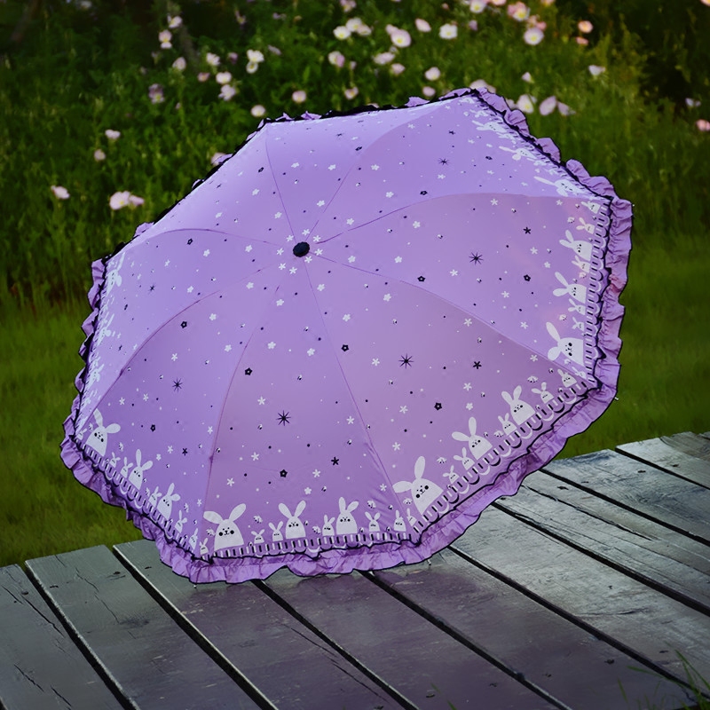 韓版可愛晴雨傘卡通貓蕾絲荷花邊創意折疊雨傘 日系三折傘 禮品傘