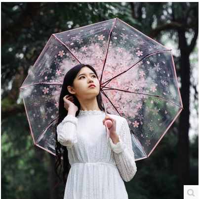 雨傘三折疊韓國小清新學生女孩表演出公主拱形長柄透明黑膠櫻花傘
