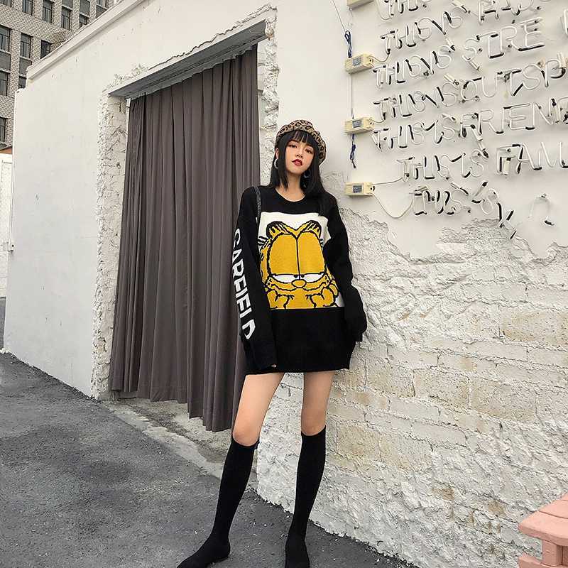 復古韓國chic風時尚卡通圖案字母寬松長袖套頭網紅毛衣女2018新款