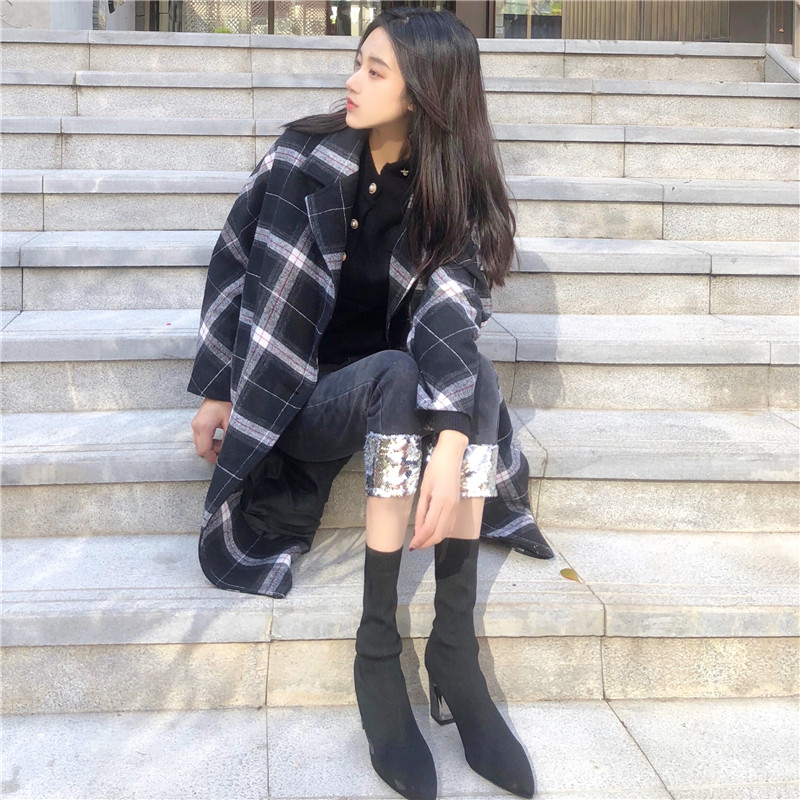 毛呢外套女冬季大衣女新款2018韓國復古風修身顯瘦中長款格子上衣