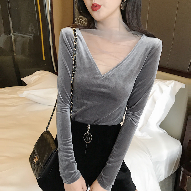 秋冬新款韓版上衣女裝修身顯瘦打底長袖設計感V領網紗拼接絲絨T恤