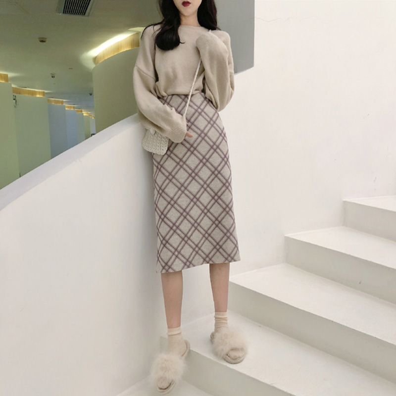 韓國秋冬chic裙子女百搭氣質新款顯瘦高腰格子呢子中長款半身裙潮