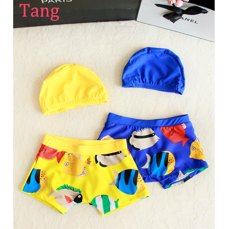 韓國卡通印花可愛男孩兒童泳衣男童游泳褲平角褲送泳帽大兒童泳裝