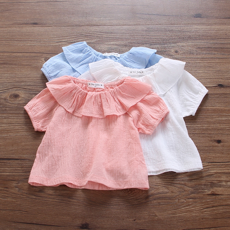 女童裝新款寶寶短袖t恤女夏季荷葉領打底衫嬰兒童寬松上衣服