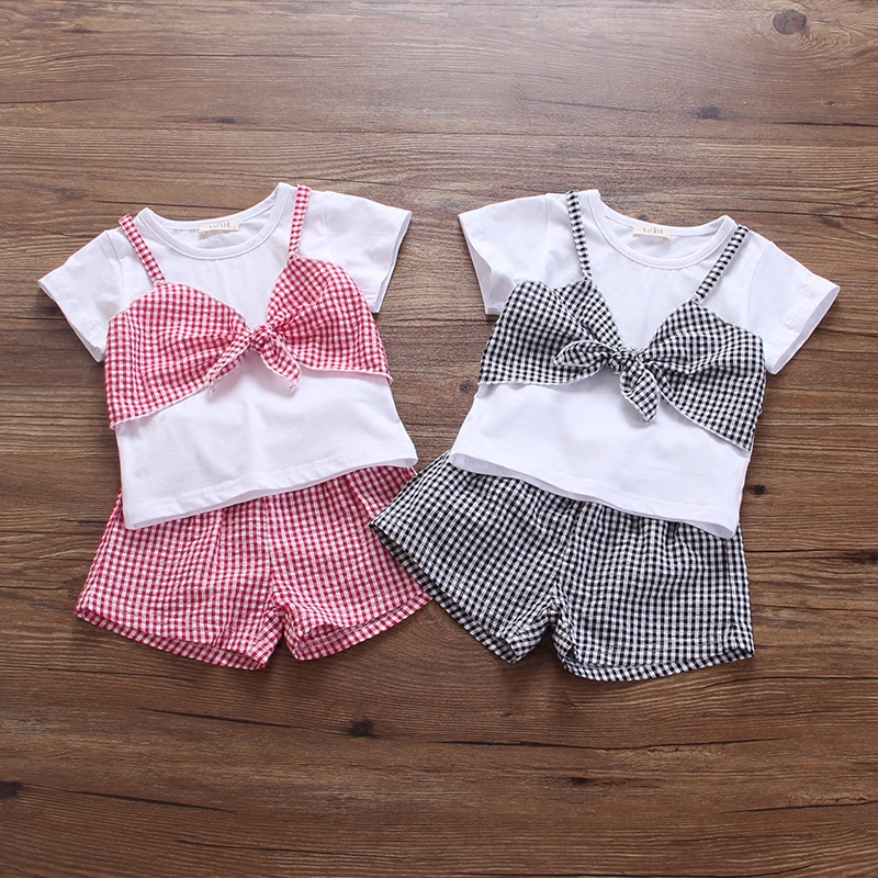 女童裝新款夏季短袖兩件套寶寶韓版格子短褲子嬰兒童薄款衣服
